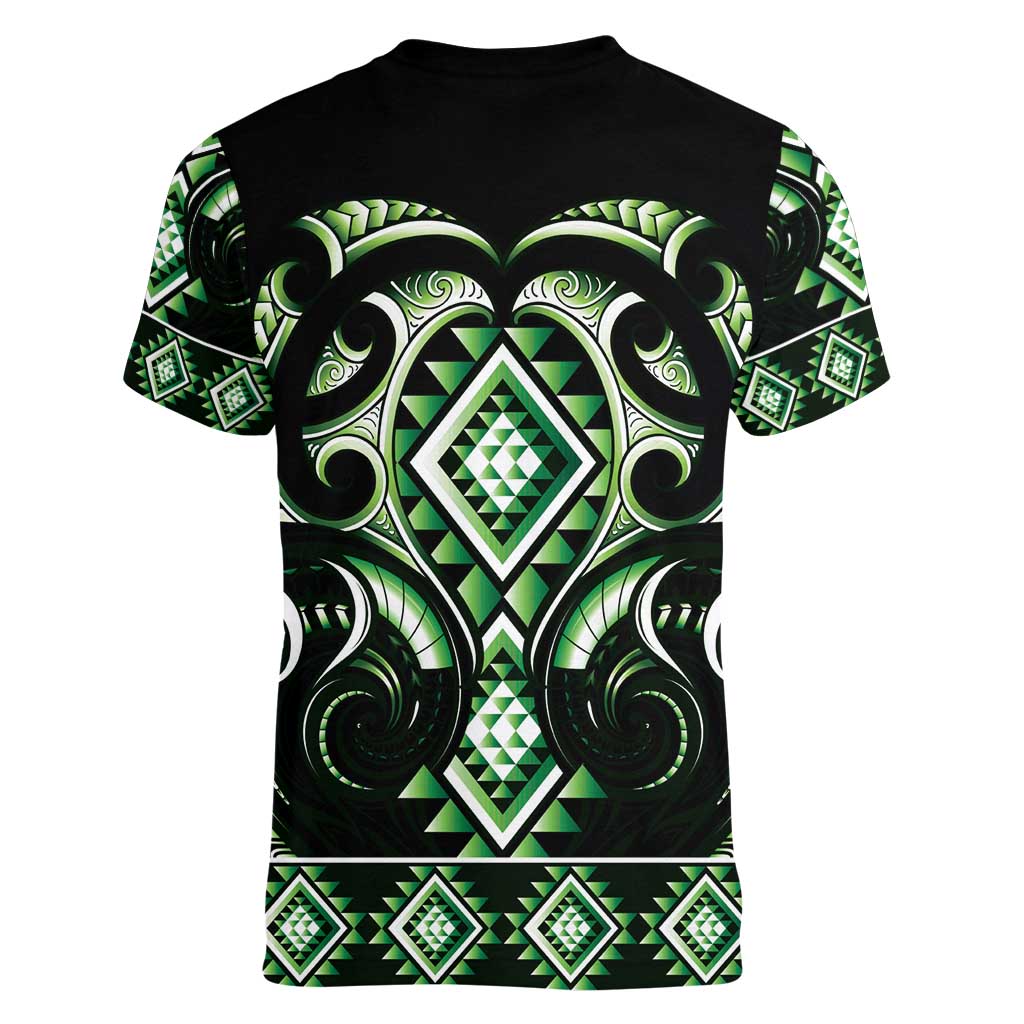 Green Ngaru Taniko With Aotearoa Maori Tattoo Women V-Neck T-Shirt