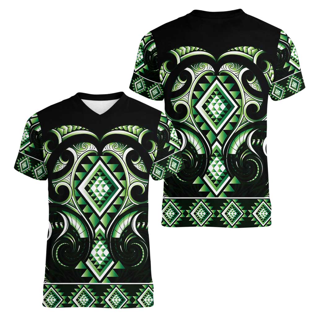 Green Ngaru Taniko With Aotearoa Maori Tattoo Women V-Neck T-Shirt