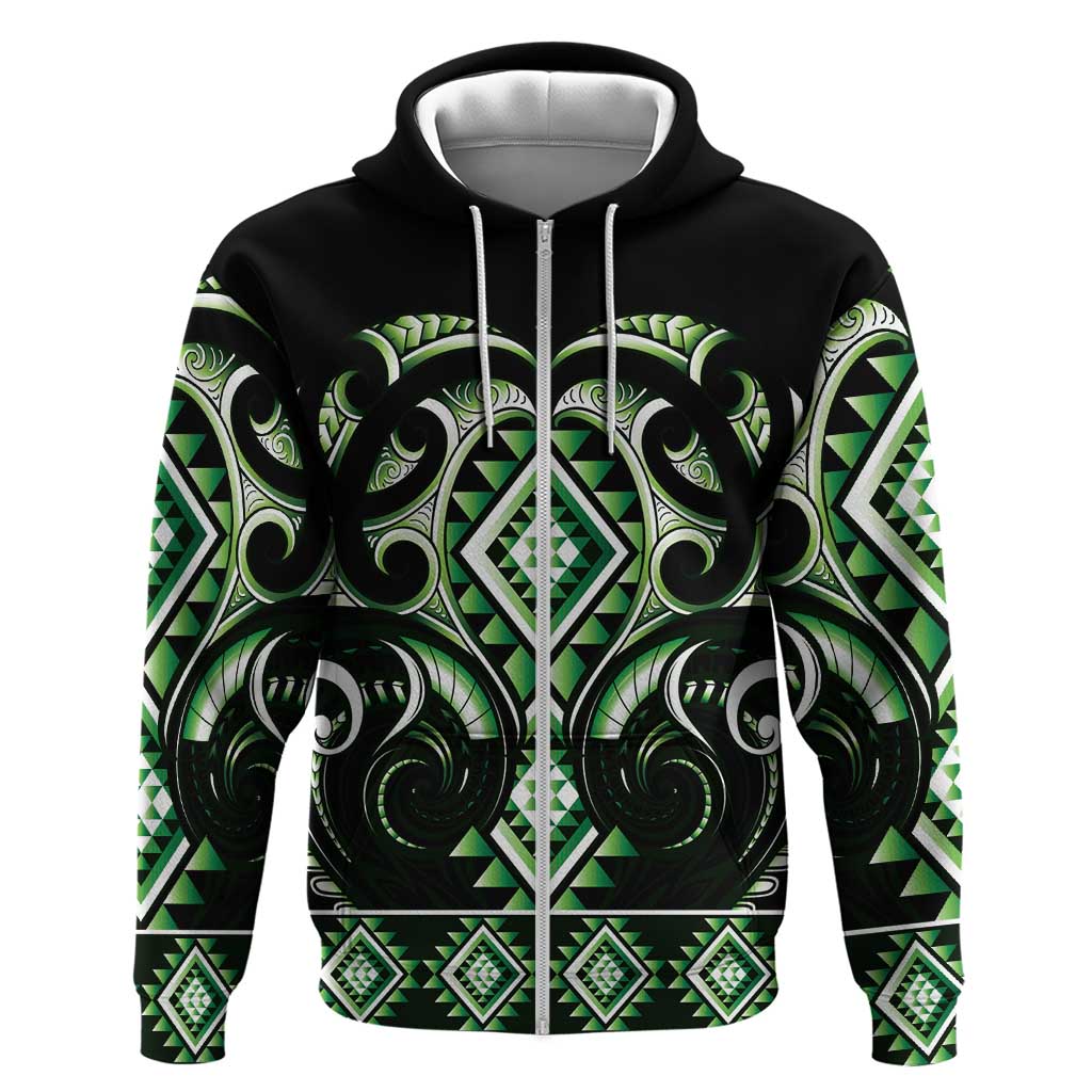 Green Ngaru Taniko With Aotearoa Maori Tattoo Zip Hoodie LT14 Zip Hoodie Green - Polynesian Pride