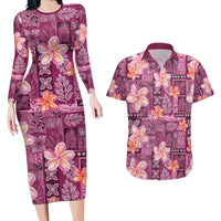 Pink Hawaii Plumeria With Tropical Flowers Motifs Couples Matching Long Sleeve Bodycon Dress and Hawaiian Shirt LT14 Pink - Polynesian Pride
