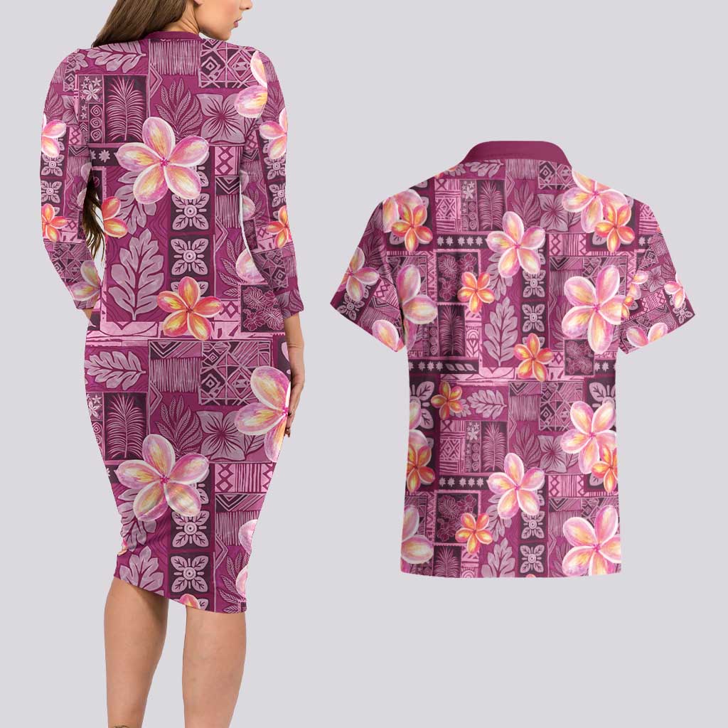 Pink Hawaii Plumeria With Tropical Flowers Motifs Couples Matching Long Sleeve Bodycon Dress and Hawaiian Shirt LT14 - Polynesian Pride
