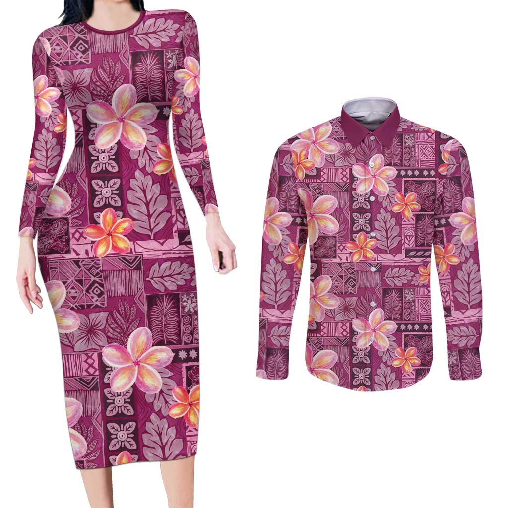 Pink Hawaii Plumeria With Tropical Flowers Motifs Couples Matching Long Sleeve Bodycon Dress and Long Sleeve Button Shirt LT14 Pink - Polynesian Pride