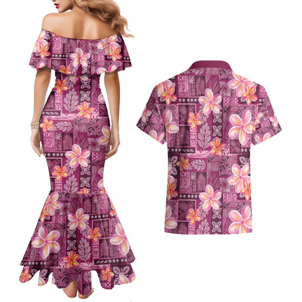 Pink Hawaii Plumeria With Tropical Flowers Motifs Couples Matching Mermaid Dress and Hawaiian Shirt LT14 - Polynesian Pride