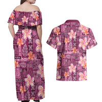 Pink Hawaii Plumeria With Tropical Flowers Motifs Couples Matching Off Shoulder Maxi Dress and Hawaiian Shirt LT14 - Polynesian Pride