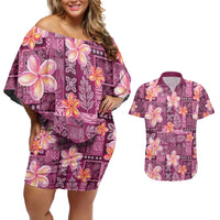 Pink Hawaii Plumeria With Tropical Flowers Motifs Couples Matching Off Shoulder Short Dress and Hawaiian Shirt LT14 Pink - Polynesian Pride