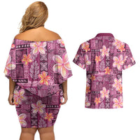 Pink Hawaii Plumeria With Tropical Flowers Motifs Couples Matching Off Shoulder Short Dress and Hawaiian Shirt LT14 - Polynesian Pride