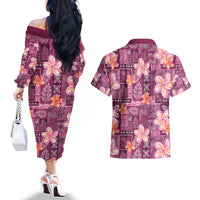 Pink Hawaii Plumeria With Tropical Flowers Motifs Couples Matching Off The Shoulder Long Sleeve Dress and Hawaiian Shirt LT14 - Polynesian Pride