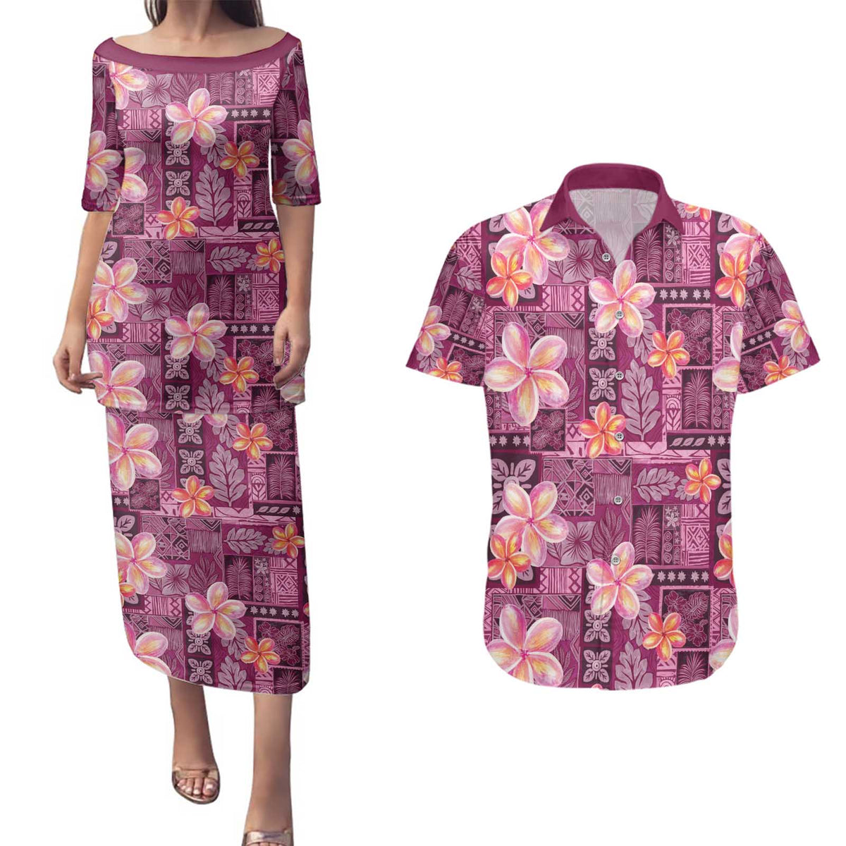 Pink Hawaii Plumeria With Tropical Flowers Motifs Couples Matching Puletasi and Hawaiian Shirt