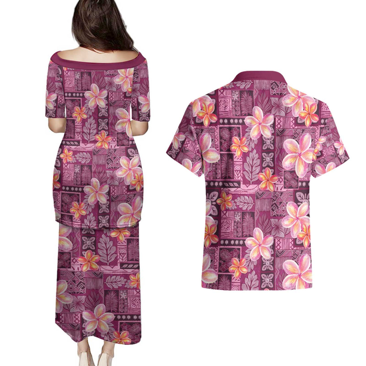 Pink Hawaii Plumeria With Tropical Flowers Motifs Couples Matching Puletasi and Hawaiian Shirt