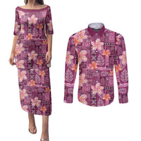 Pink Hawaii Plumeria With Tropical Flowers Motifs Couples Matching Puletasi and Long Sleeve Button Shirt
