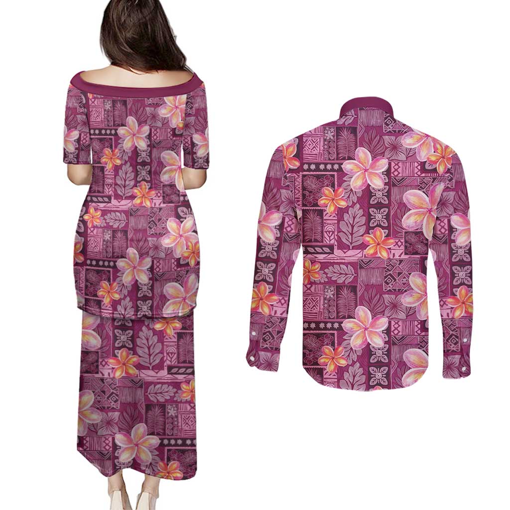 Pink Hawaii Plumeria With Tropical Flowers Motifs Couples Matching Puletasi and Long Sleeve Button Shirt