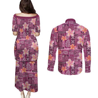 Pink Hawaii Plumeria With Tropical Flowers Motifs Couples Matching Puletasi and Long Sleeve Button Shirt