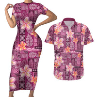 Pink Hawaii Plumeria With Tropical Flowers Motifs Couples Matching Short Sleeve Bodycon Dress and Hawaiian Shirt LT14 Pink - Polynesian Pride