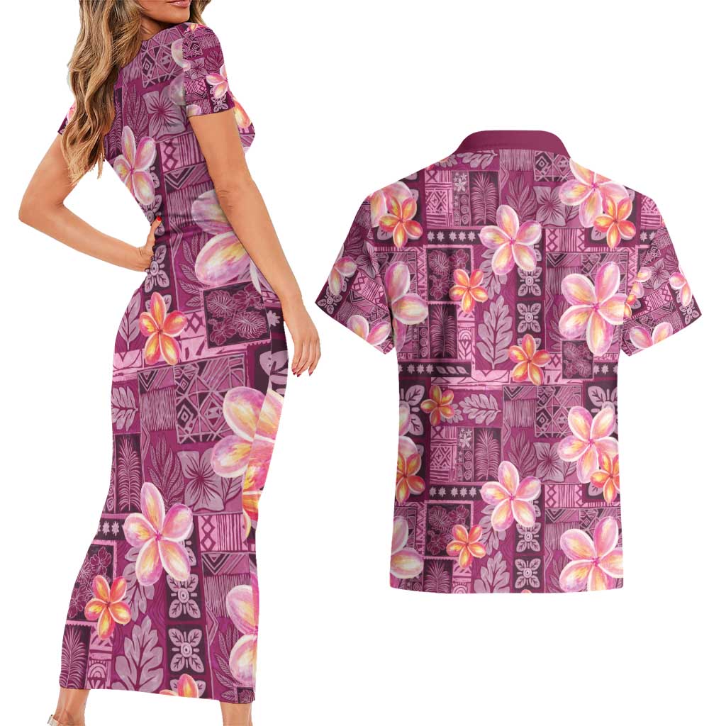 Pink Hawaii Plumeria With Tropical Flowers Motifs Couples Matching Short Sleeve Bodycon Dress and Hawaiian Shirt LT14 - Polynesian Pride