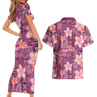 Pink Hawaii Plumeria With Tropical Flowers Motifs Couples Matching Short Sleeve Bodycon Dress and Hawaiian Shirt LT14 - Polynesian Pride