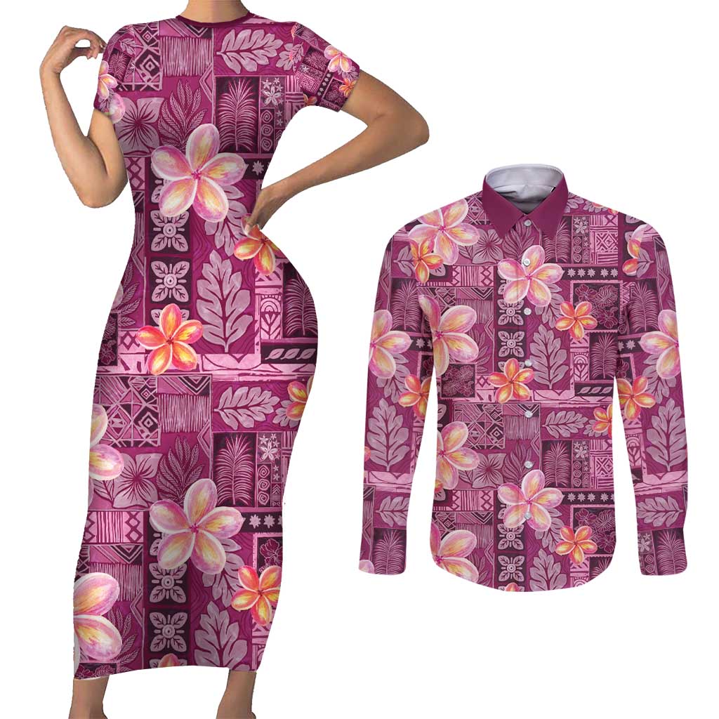 Pink Hawaii Plumeria With Tropical Flowers Motifs Couples Matching Short Sleeve Bodycon Dress and Long Sleeve Button Shirt LT14 Pink - Polynesian Pride