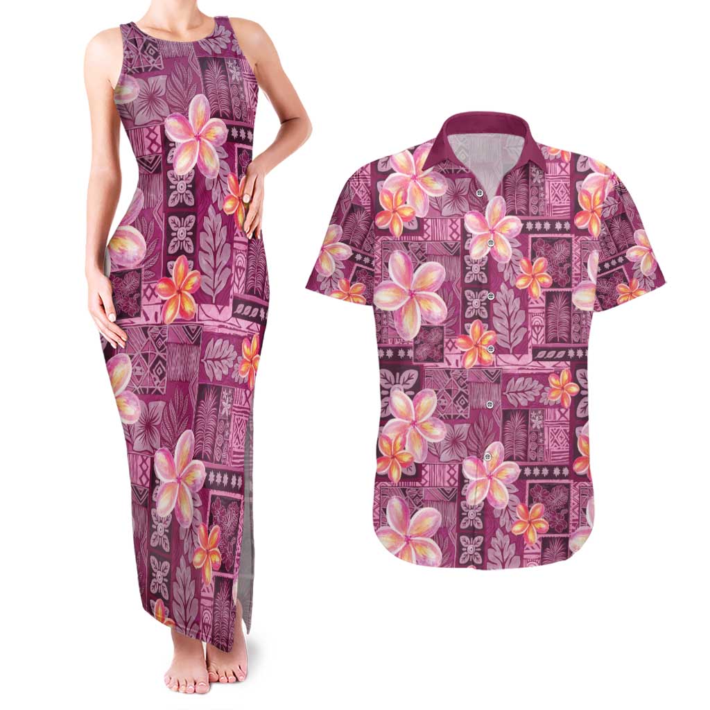 Pink Hawaii Plumeria With Tropical Flowers Motifs Couples Matching Tank Maxi Dress and Hawaiian Shirt LT14 Pink - Polynesian Pride
