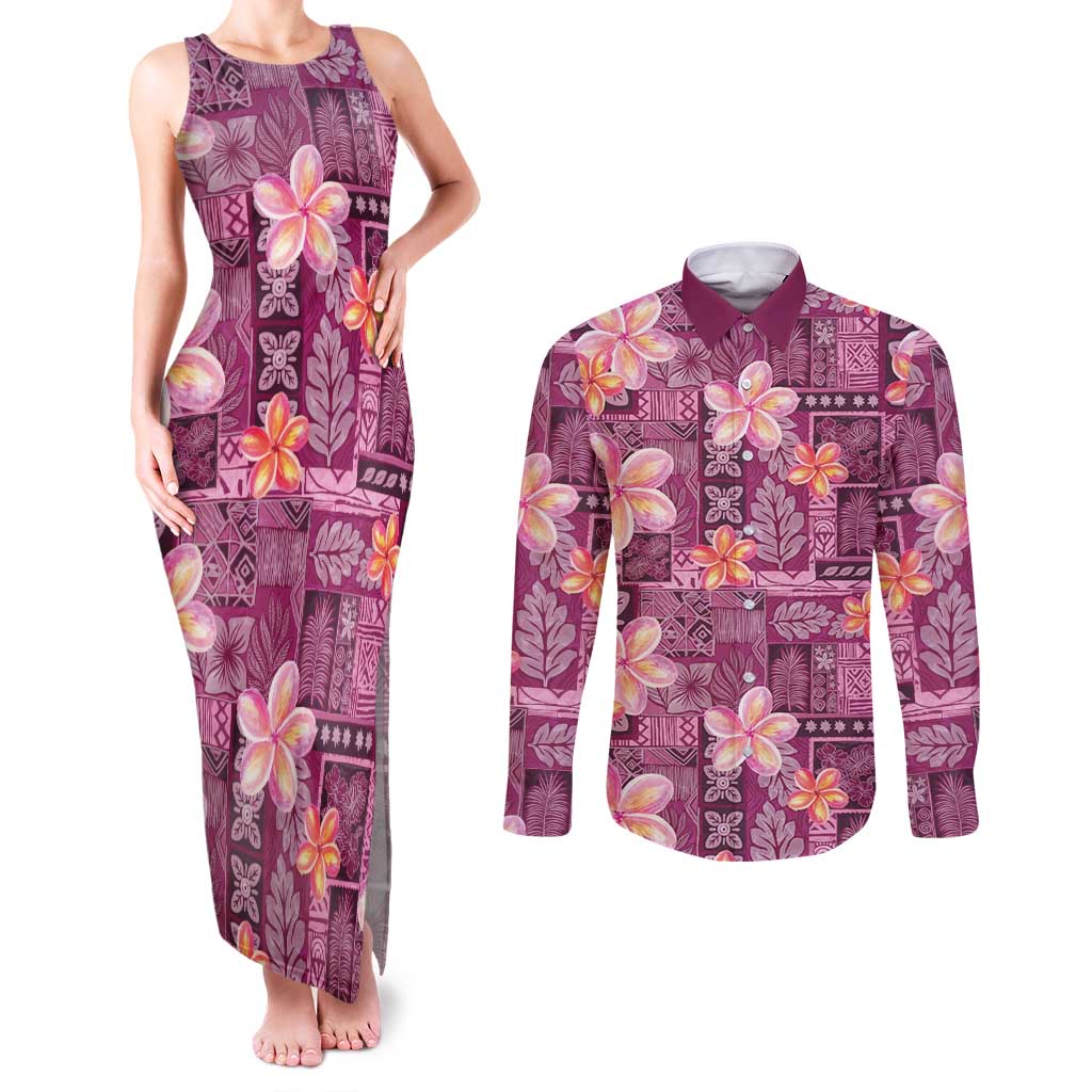 Pink Hawaii Plumeria With Tropical Flowers Motifs Couples Matching Tank Maxi Dress and Long Sleeve Button Shirt