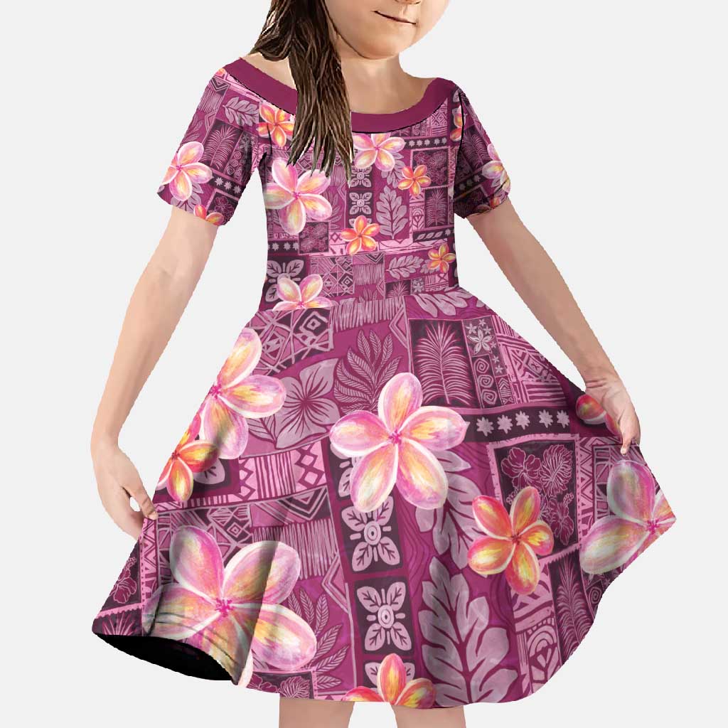 Pink Hawaii Plumeria With Tropical Flowers Motifs Family Matching Long Sleeve Bodycon Dress and Hawaiian Shirt LT14 Daughter's Dress Pink - Polynesian Pride