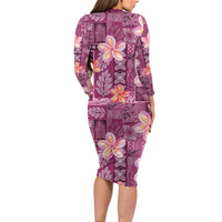Pink Hawaii Plumeria With Tropical Flowers Motifs Family Matching Long Sleeve Bodycon Dress and Hawaiian Shirt LT14 - Polynesian Pride