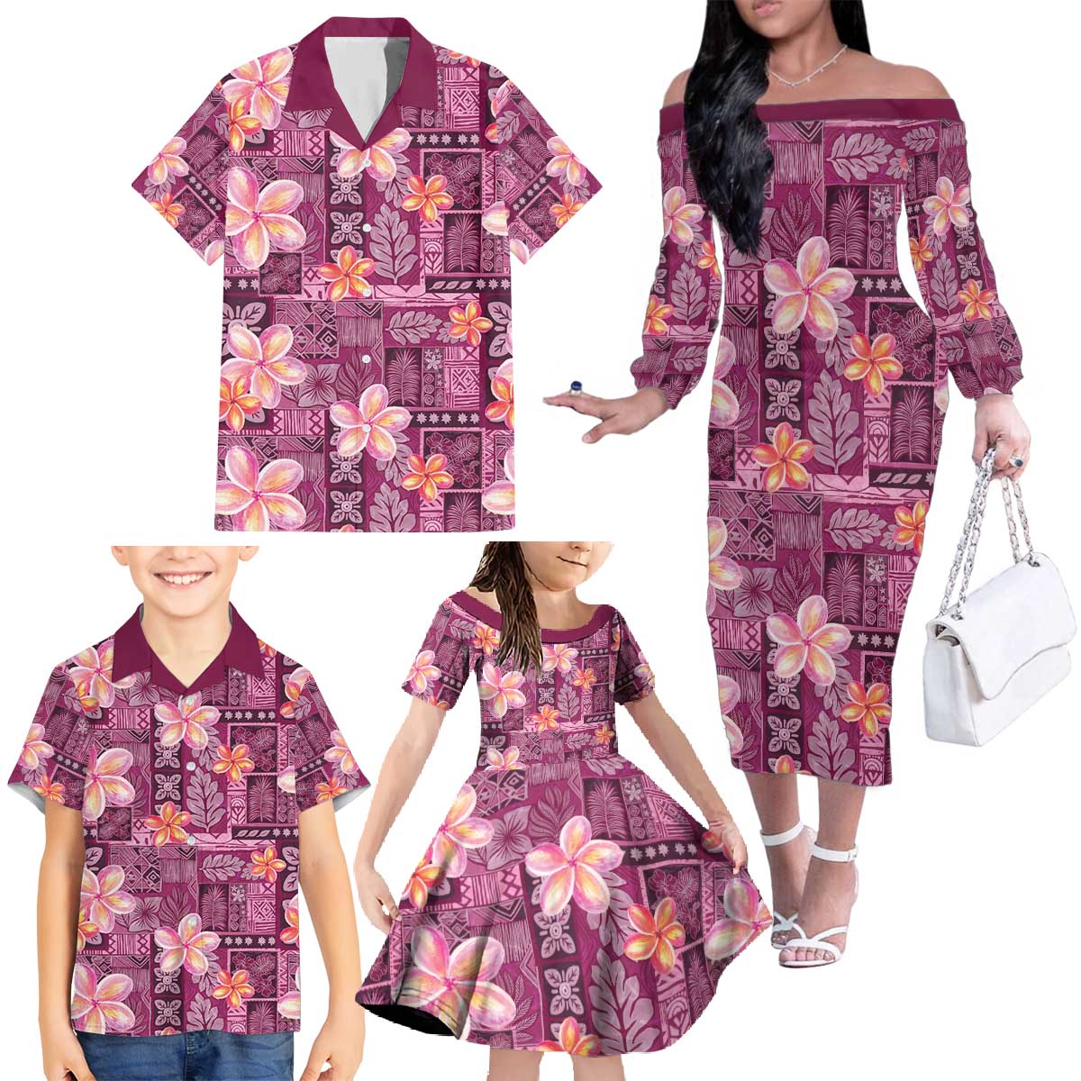 Pink Hawaii Plumeria With Tropical Flowers Motifs Family Matching Off The Shoulder Long Sleeve Dress and Hawaiian Shirt LT14 - Polynesian Pride