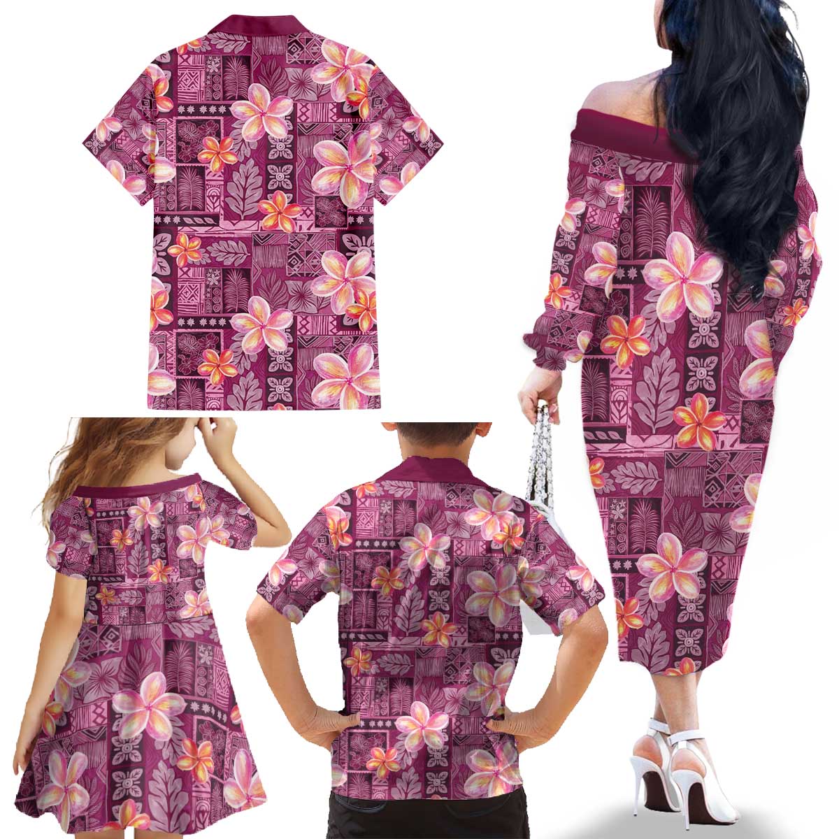 Pink Hawaii Plumeria With Tropical Flowers Motifs Family Matching Off The Shoulder Long Sleeve Dress and Hawaiian Shirt LT14 - Polynesian Pride