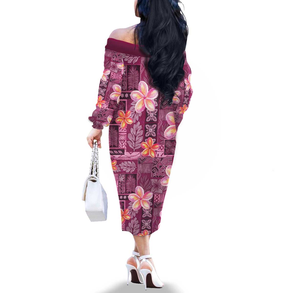 Pink Hawaii Plumeria With Tropical Flowers Motifs Family Matching Off The Shoulder Long Sleeve Dress and Hawaiian Shirt LT14 - Polynesian Pride