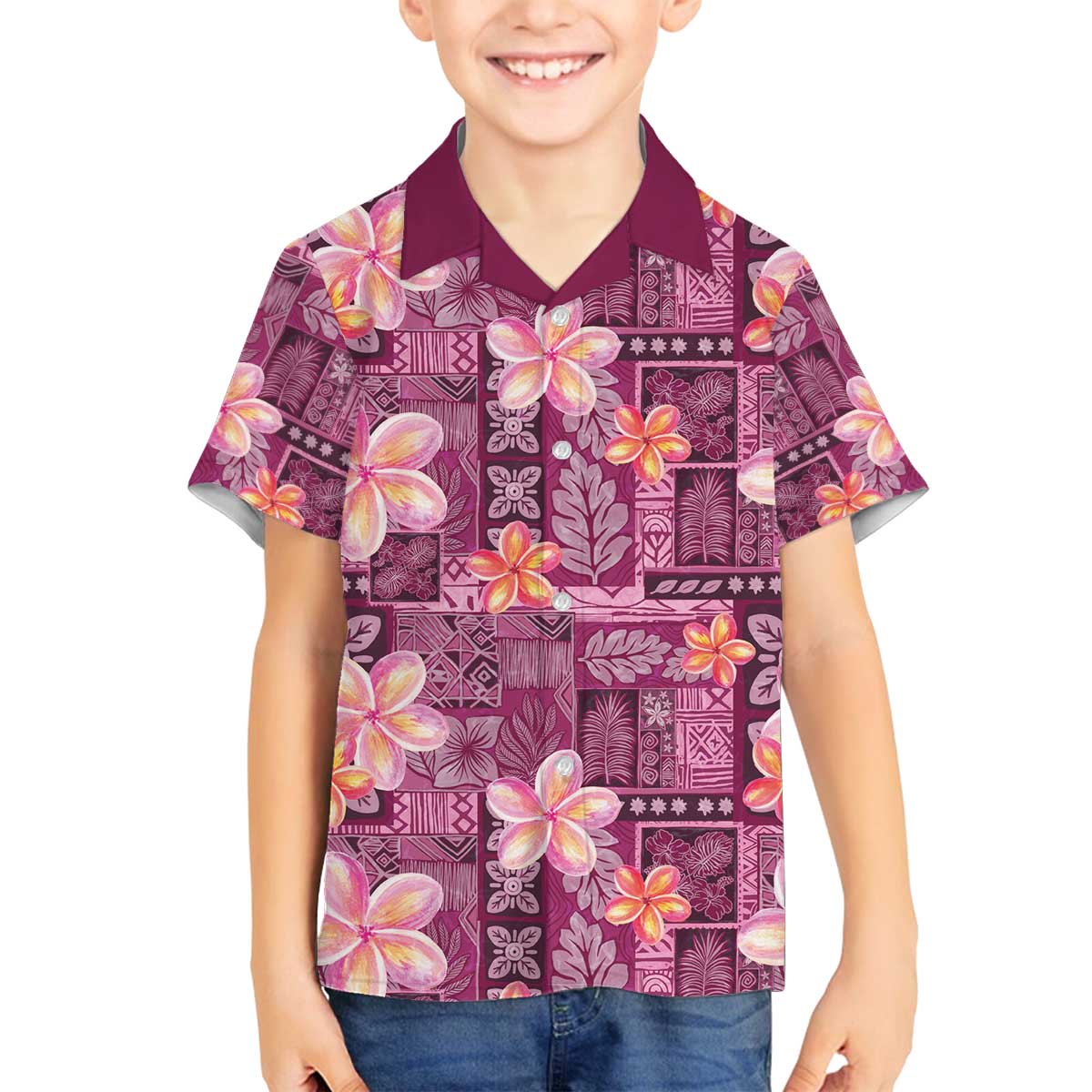 Pink Hawaii Plumeria With Tropical Flowers Motifs Family Matching Off The Shoulder Long Sleeve Dress and Hawaiian Shirt LT14 Son's Shirt Pink - Polynesian Pride