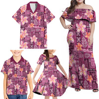 Pink Hawaii Plumeria With Tropical Flowers Motifs Family Matching Off Shoulder Maxi Dress and Hawaiian Shirt LT14 - Polynesian Pride