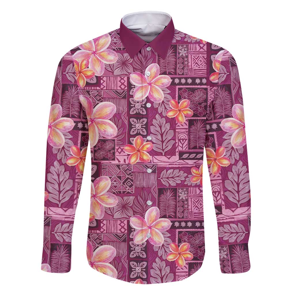 Pink Hawaii Plumeria With Tropical Flowers Motifs Family Matching Off Shoulder Maxi Dress and Hawaiian Shirt LT14 Dad's Shirt - Long Sleeve Pink - Polynesian Pride