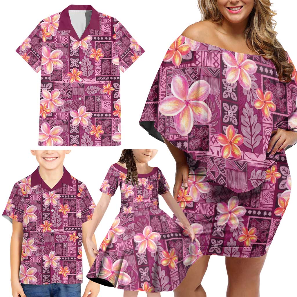 Pink Hawaii Plumeria With Tropical Flowers Motifs Family Matching Off Shoulder Short Dress and Hawaiian Shirt LT14 - Polynesian Pride