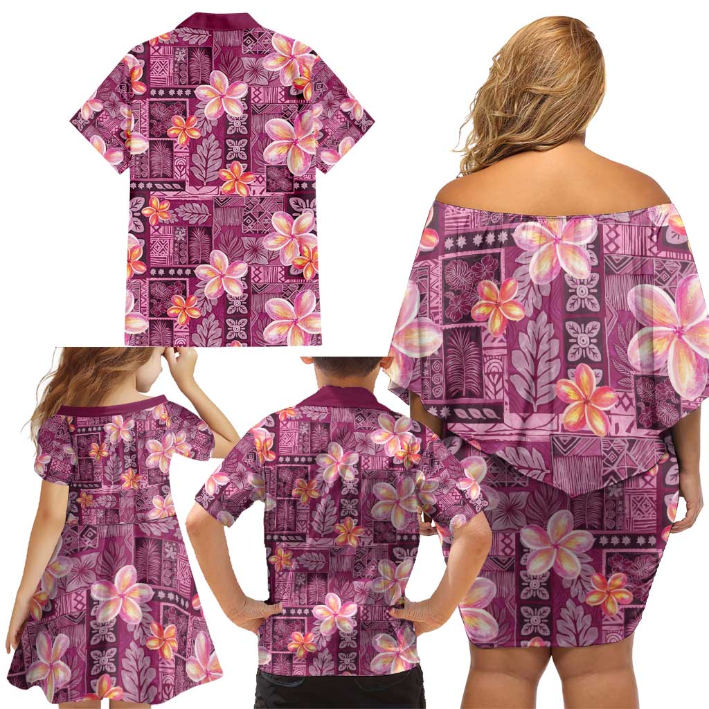 Pink Hawaii Plumeria With Tropical Flowers Motifs Family Matching Off Shoulder Short Dress and Hawaiian Shirt LT14 - Polynesian Pride