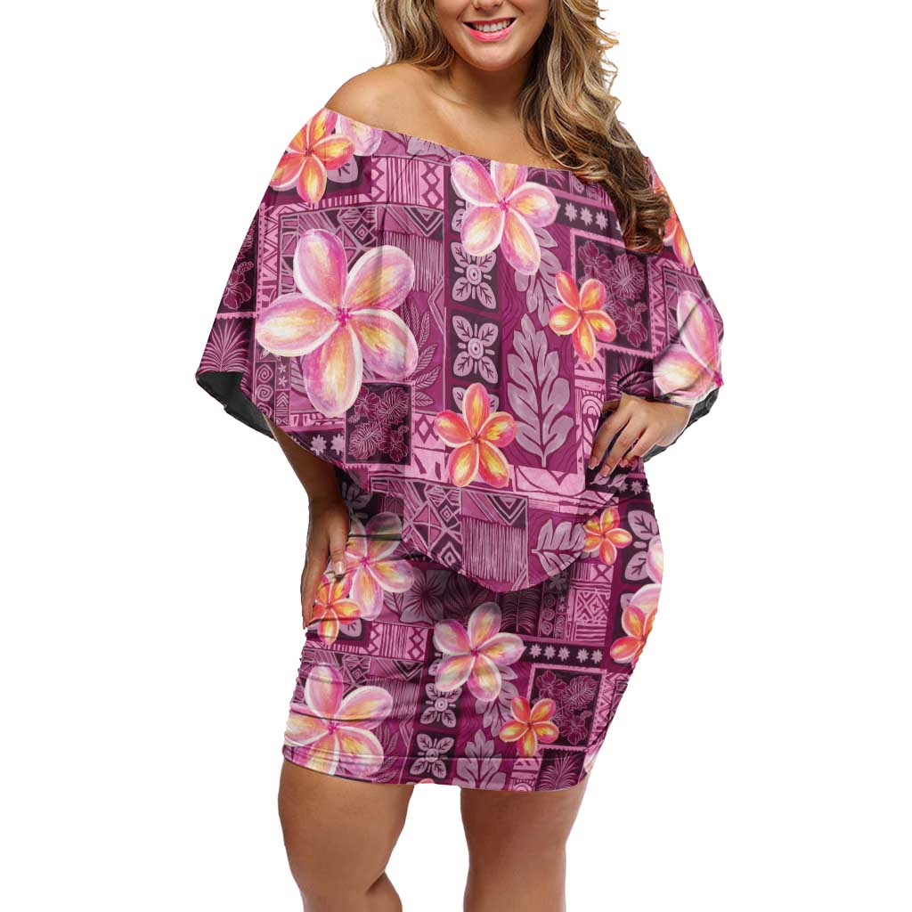 Pink Hawaii Plumeria With Tropical Flowers Motifs Family Matching Off Shoulder Short Dress and Hawaiian Shirt LT14 Mom's Dress Pink - Polynesian Pride