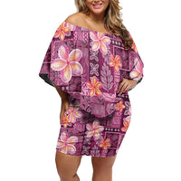 Pink Hawaii Plumeria With Tropical Flowers Motifs Family Matching Off Shoulder Short Dress and Hawaiian Shirt LT14 Mom's Dress Pink - Polynesian Pride