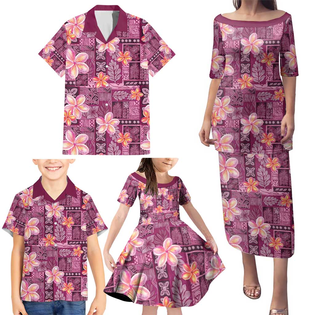 Pink Hawaii Plumeria With Tropical Flowers Motifs Family Matching Puletasi and Hawaiian Shirt LT14 - Polynesian Pride