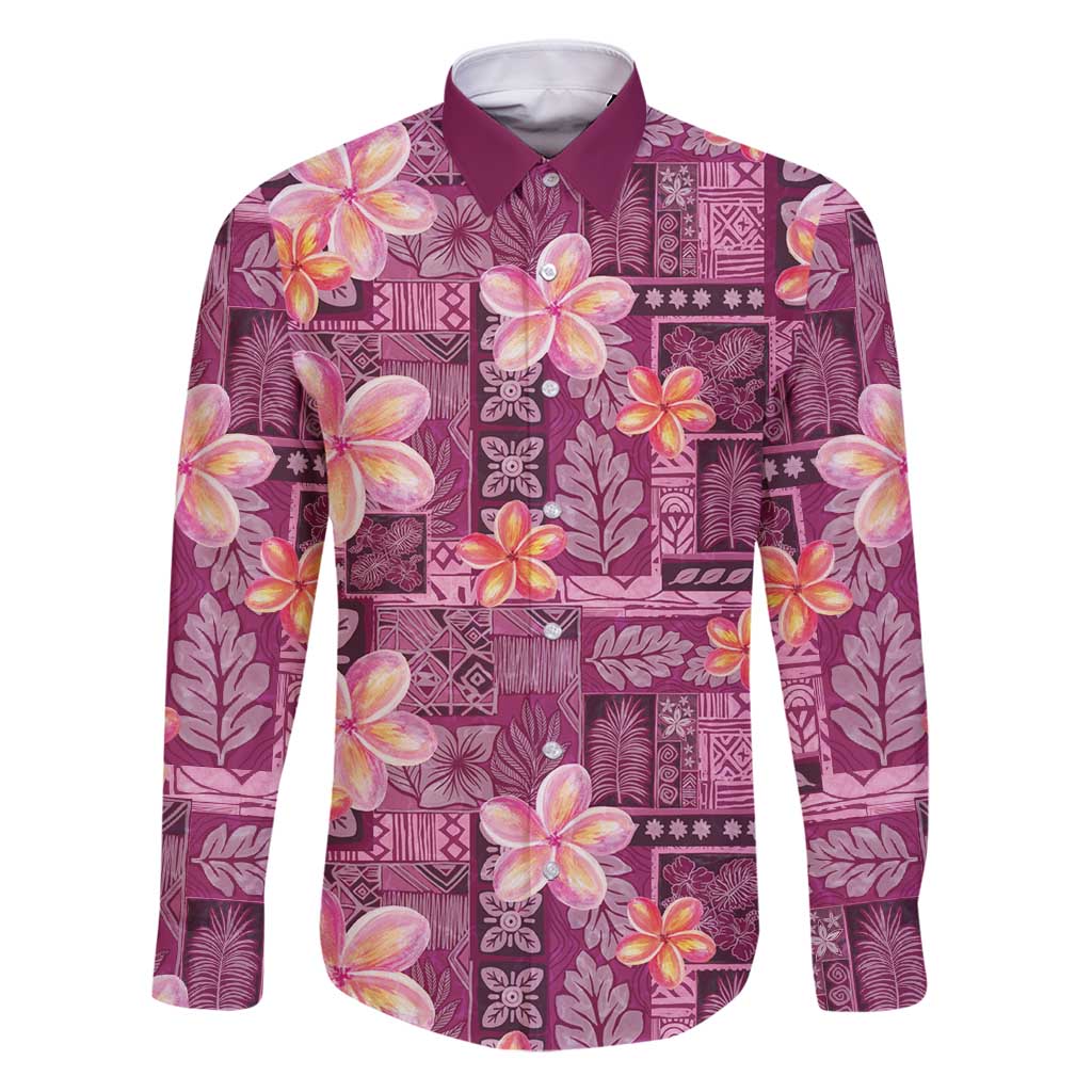 Pink Hawaii Plumeria With Tropical Flowers Motifs Family Matching Puletasi and Hawaiian Shirt LT14 Dad's Shirt - Long Sleeve Pink - Polynesian Pride