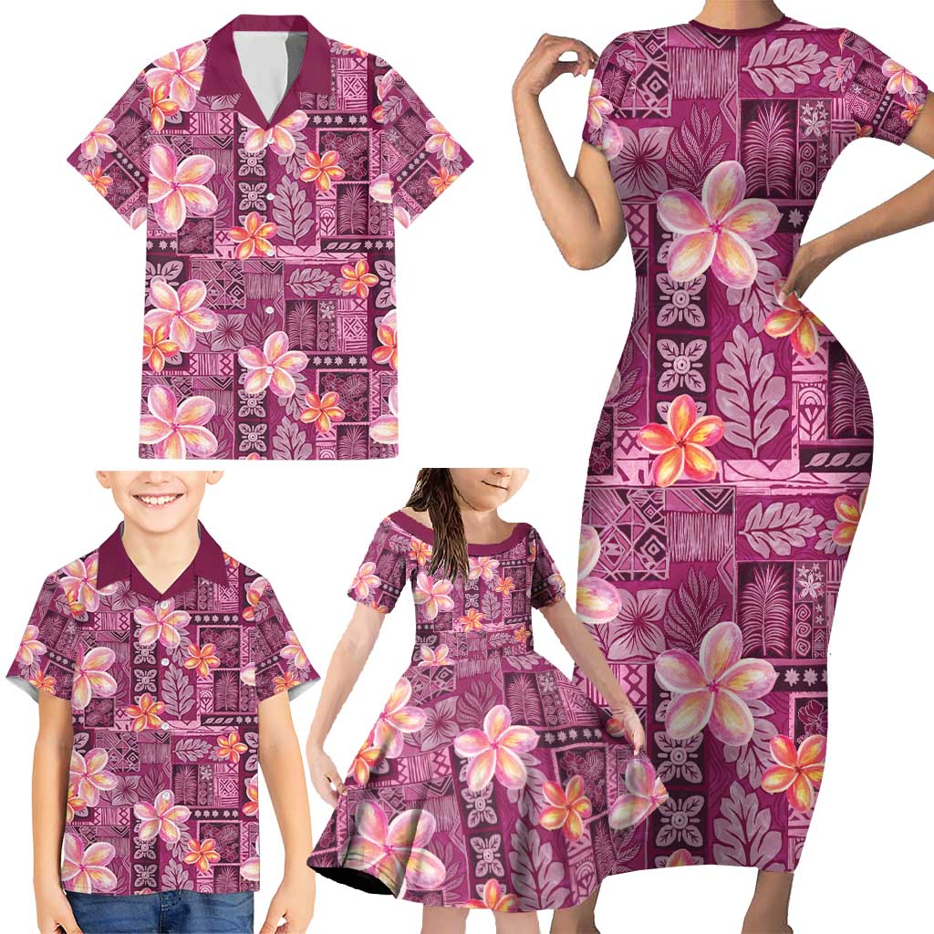 Pink Hawaii Plumeria With Tropical Flowers Motifs Family Matching Short Sleeve Bodycon Dress and Hawaiian Shirt LT14 - Polynesian Pride