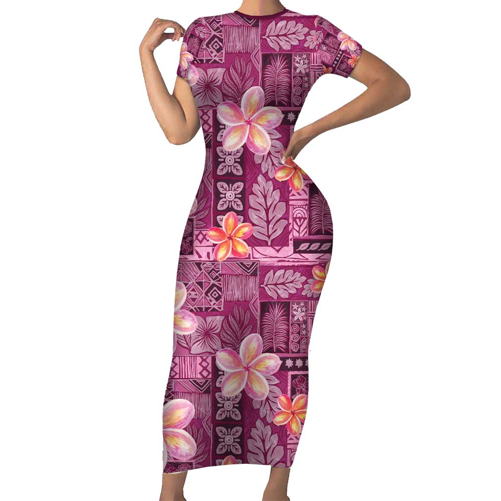 Pink Hawaii Plumeria With Tropical Flowers Motifs Family Matching Short Sleeve Bodycon Dress and Hawaiian Shirt LT14 Mom's Dress Pink - Polynesian Pride