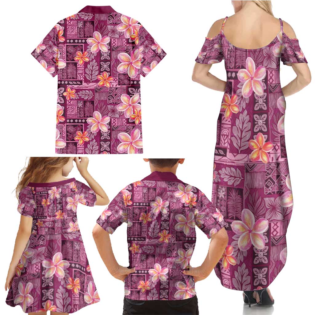 Pink Hawaii Plumeria With Tropical Flowers Motifs Family Matching Summer Maxi Dress and Hawaiian Shirt LT14 - Polynesian Pride