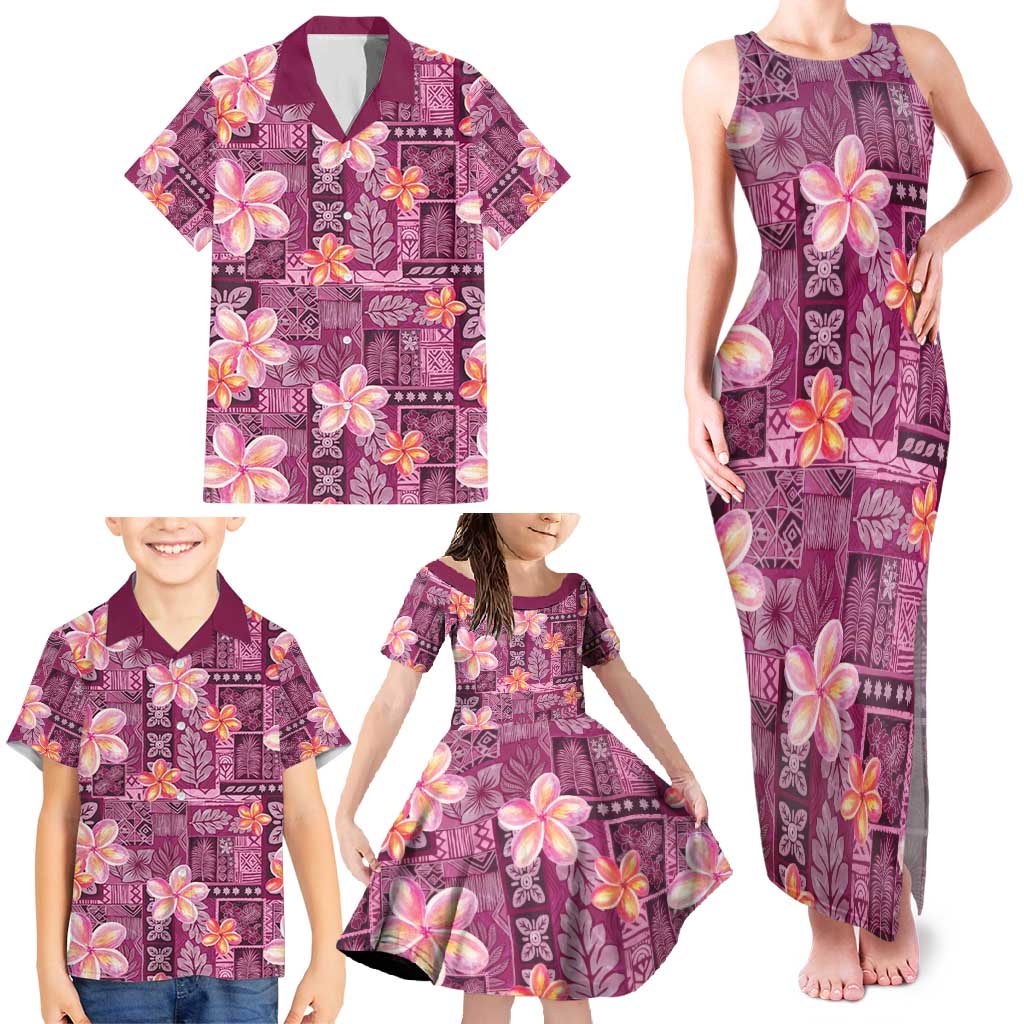 Pink Hawaii Plumeria With Tropical Flowers Motifs Family Matching Tank Maxi Dress and Hawaiian Shirt LT14 - Polynesian Pride