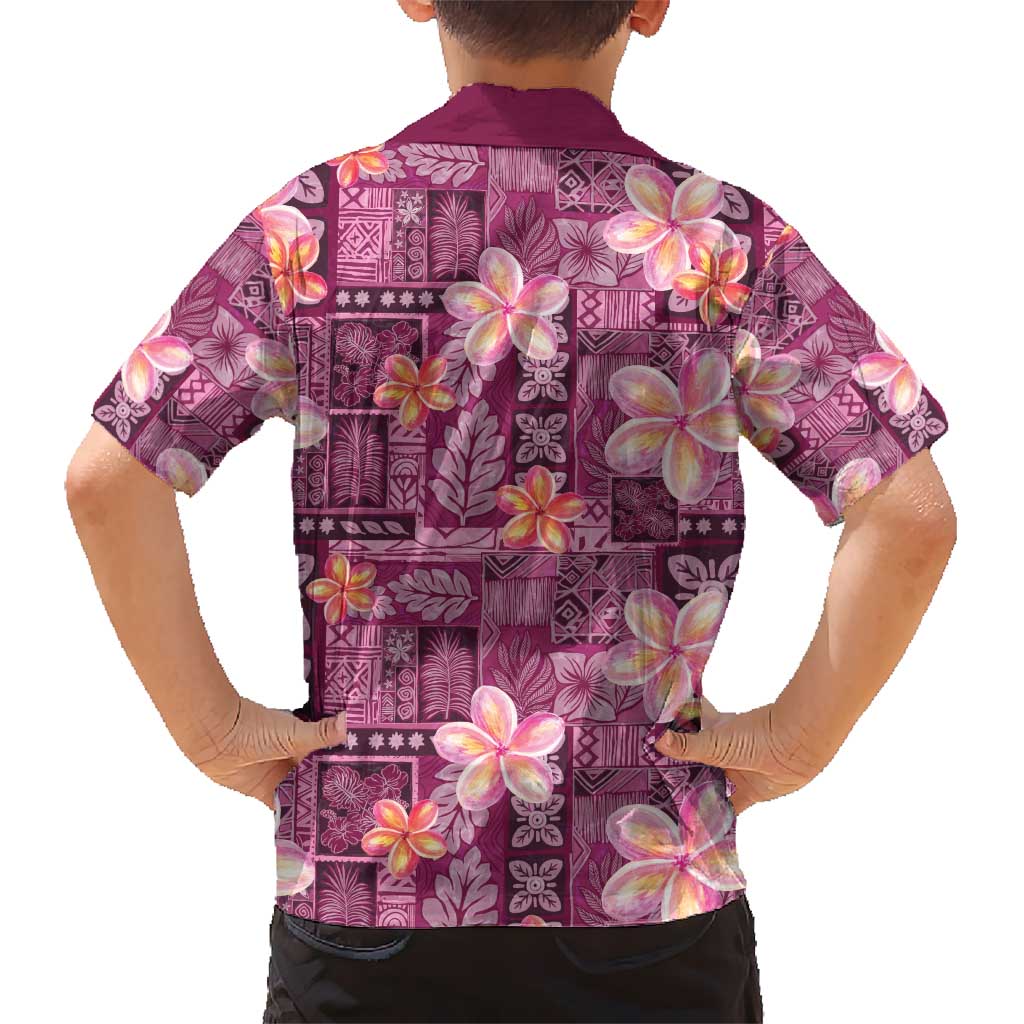 Pink Hawaii Plumeria With Tropical Flowers Motifs Kid Hawaiian Shirt