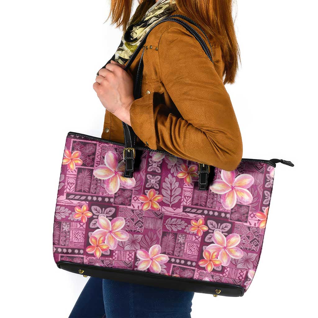 Pink Hawaii Plumeria With Tropical Flowers Motifs Leather Tote Bag LT14 Pink - Polynesian Pride