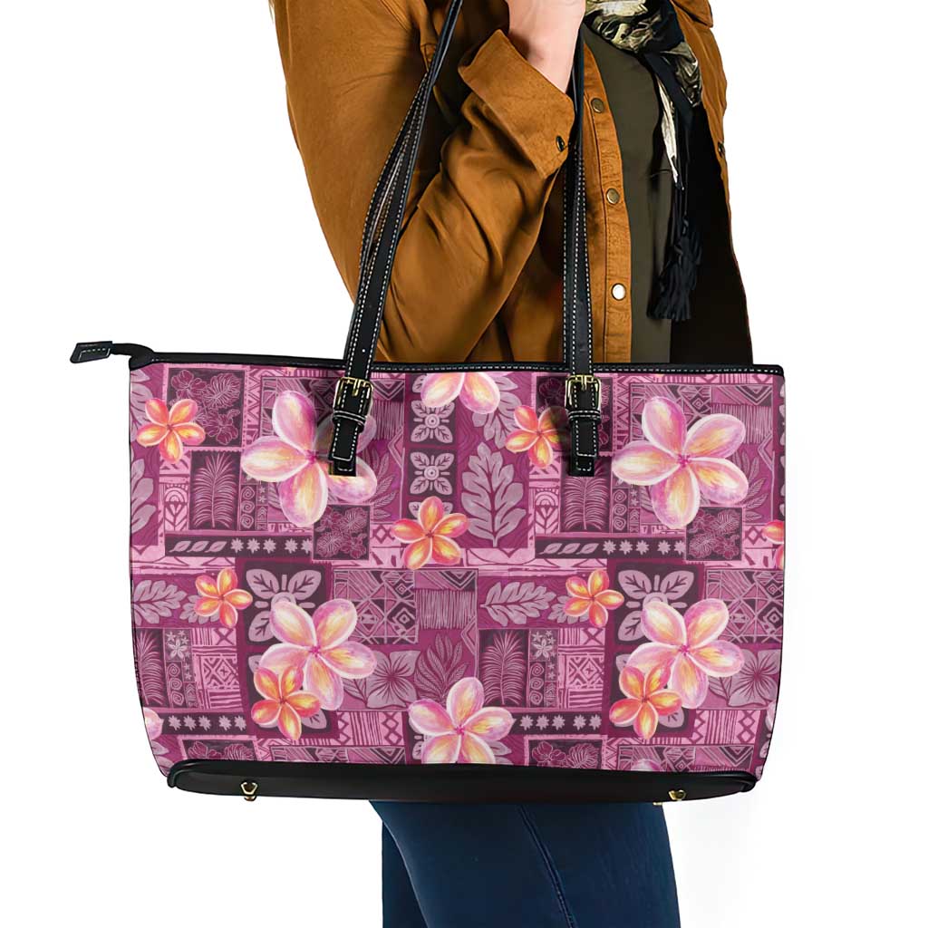 Pink Hawaii Plumeria With Tropical Flowers Motifs Leather Tote Bag LT14 - Polynesian Pride