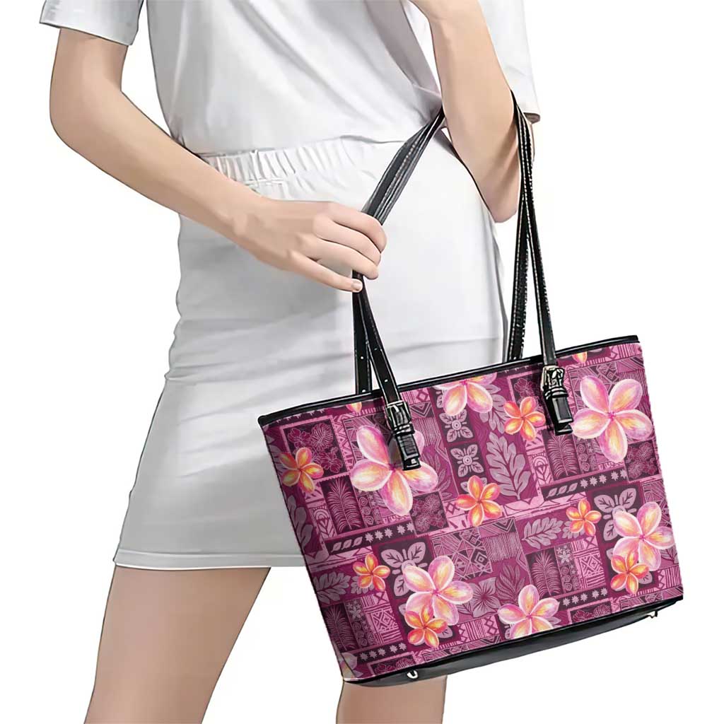 Pink Hawaii Plumeria With Tropical Flowers Motifs Leather Tote Bag LT14 - Polynesian Pride