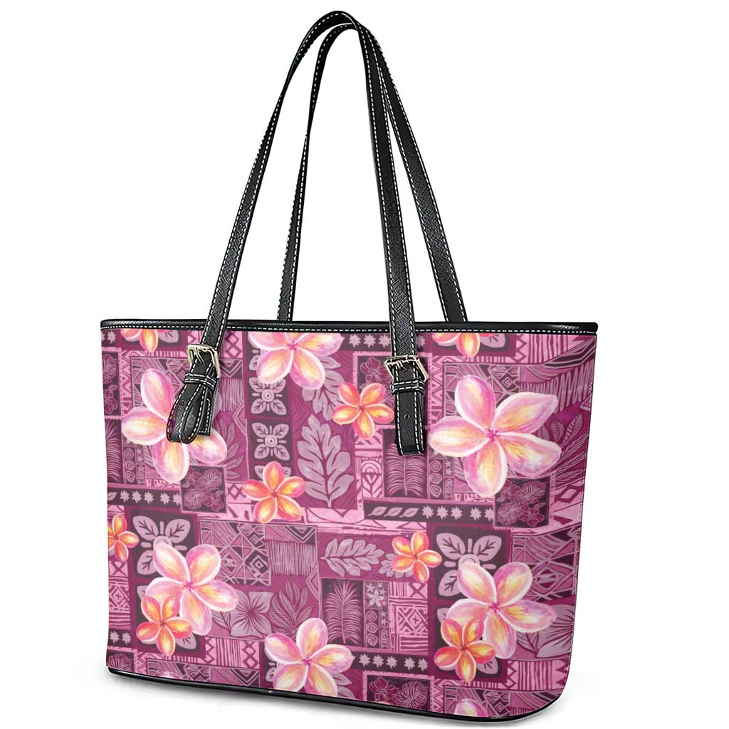 Pink Hawaii Plumeria With Tropical Flowers Motifs Leather Tote Bag LT14 - Polynesian Pride