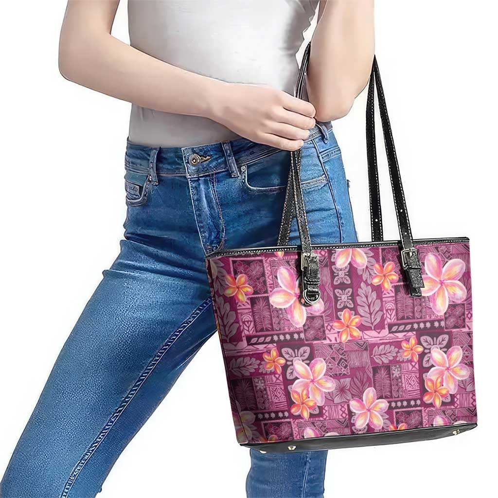Pink Hawaii Plumeria With Tropical Flowers Motifs Leather Tote Bag LT14 - Polynesian Pride