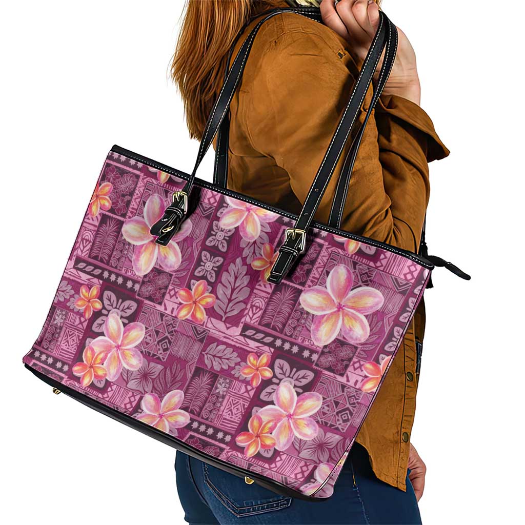 Pink Hawaii Plumeria With Tropical Flowers Motifs Leather Tote Bag LT14 - Polynesian Pride