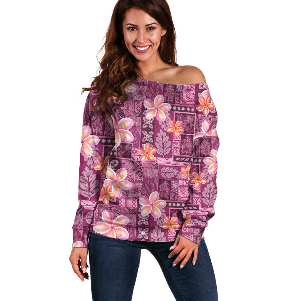 Pink Hawaii Plumeria With Tropical Flowers Motifs Off Shoulder Sweater LT14 Women Pink - Polynesian Pride