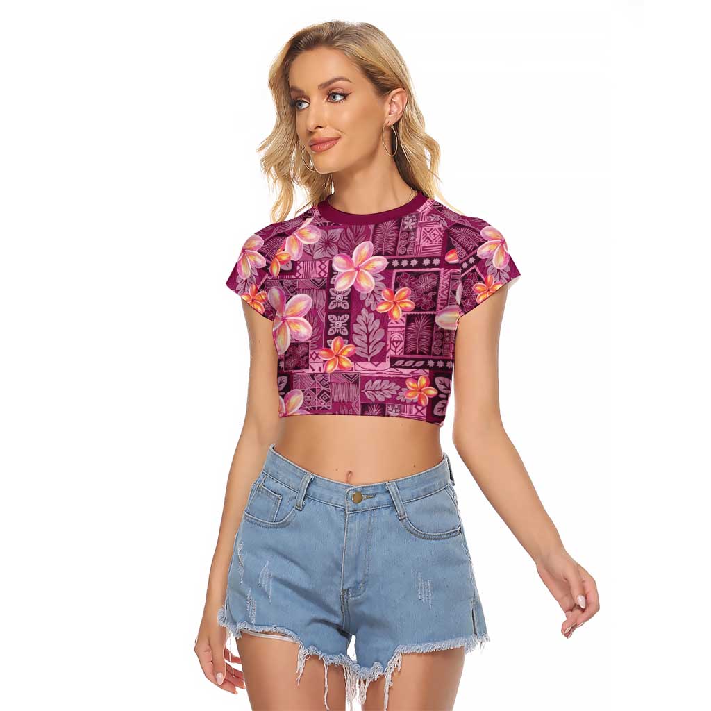 Pink Hawaii Plumeria With Tropical Flowers Motifs Raglan Cropped T Shirt