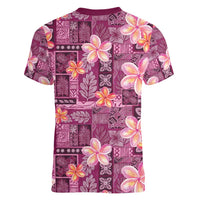 Pink Hawaii Plumeria With Tropical Flowers Motifs Women V-Neck T-Shirt
